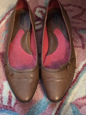 Born Brown Leather Pointed-Toe Flats with Bow Detail